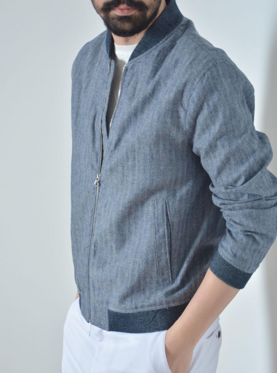 Bomber Pamuk Keten Fermuarlı İndigo Erkek Ceket Bomber Pamuk Keten Fermuarlı İndigo Erkek Ceket