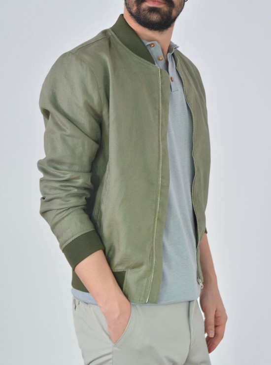 Bomber Saf Keten Fermuarlı Haki Erkek Ceket Bomber Saf Keten Fermuarlı Haki Erkek Ceket