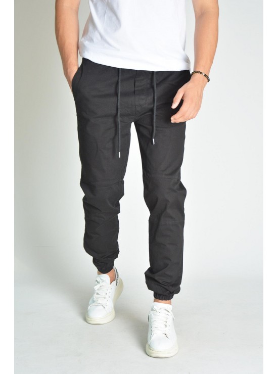 Jogger Beli ve Paçası Lastikli Beli İpli Pamuklu Chino Siyah Erkek Pantolon Jogger Beli ve Paçası Lastikli Beli İpli Pamuklu Chino Siyah Erkek Pantolon