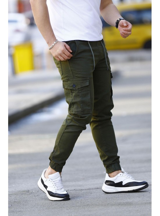 Kargo Cep Beli ve Paçası Lastikli Jogger Haki Erkek Pantolon