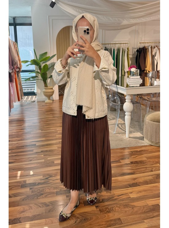 Saten Piliseli Etek - Kahverengi